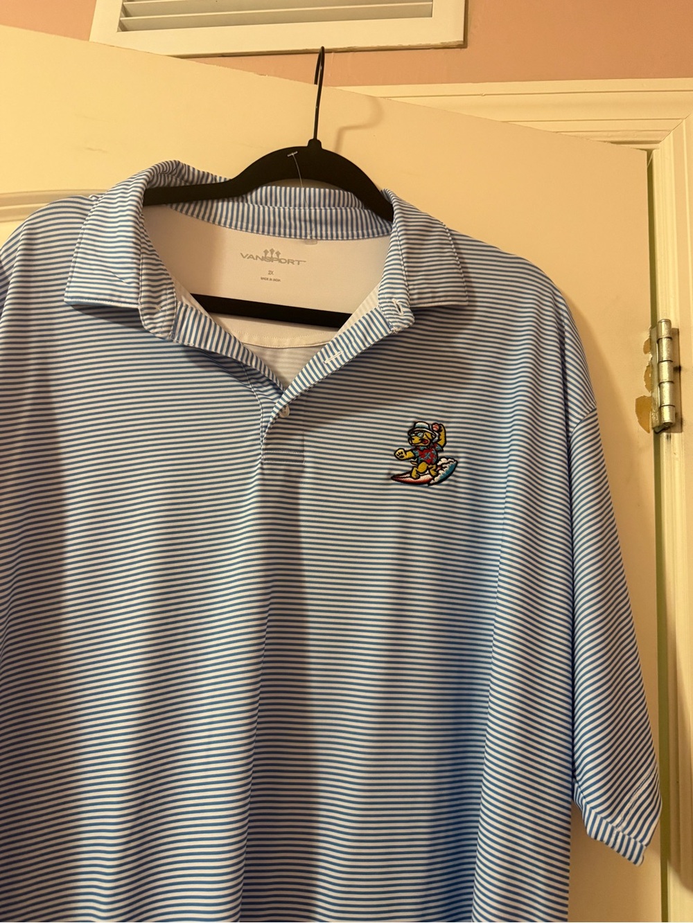 Vans Light Blue & White Striped Polo with Surfing Bear Embroidered Patch